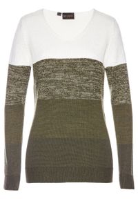 Długi sweter Premium z kaszmirem bonprix biel wełny - nocny oliwkowy w paski. Kolor: biały. Materiał: wełna, poliester, wiskoza, poliamid, materiał, kaszmir. Długość: długie. Wzór: paski #1