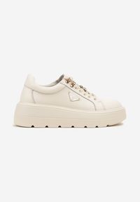 Born2be - Beżowe Sneakersy na Grubej Podeszwie ze Skóry Naturalnej z Trójkątną Ozdobą Dollassea. Okazja: na co dzień. Kolor: beżowy. Materiał: skóra. Wzór: aplikacja