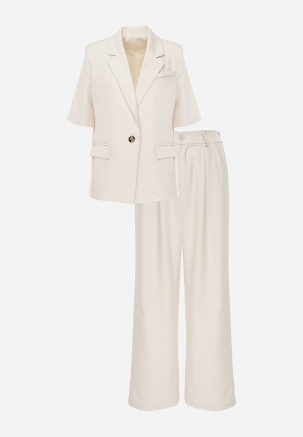 Born2be - Beżowy Garniturowy Komplet Marynarka na Krótki Rękaw i Szerokie Spodnie Amalilia. Kolor: beżowy. Materiał: szyfon