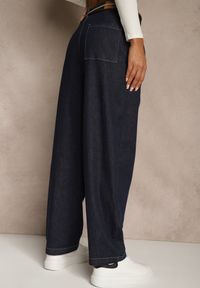 Renee - Niebieskie Szerokie Jeansy z Bawełny High Waist Ozdobione Sznurkiem Landa. Okazja: na co dzień. Stan: podwyższony. Kolor: niebieski. Wzór: aplikacja. Styl: casual, rockowy #5