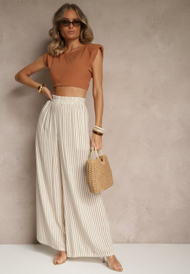 Renee - Beżowo-Brązowe Szerokie Spodnie High Waist w Paski z Bawełny Silorea. Okazja: na co dzień. Stan: podwyższony. Kolor: beżowy. Materiał: bawełna. Wzór: paski. Styl: elegancki, casual