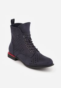 Renee - Granatowe Botki VICES z Ażurowymi Zdobieniami w Stylu Retro Limoni. Okazja: na co dzień. Zapięcie: sznurówki. Kolor: niebieski. Materiał: jeans. Szerokość cholewki: normalna. Wzór: ażurowy, aplikacja. Styl: retro #9