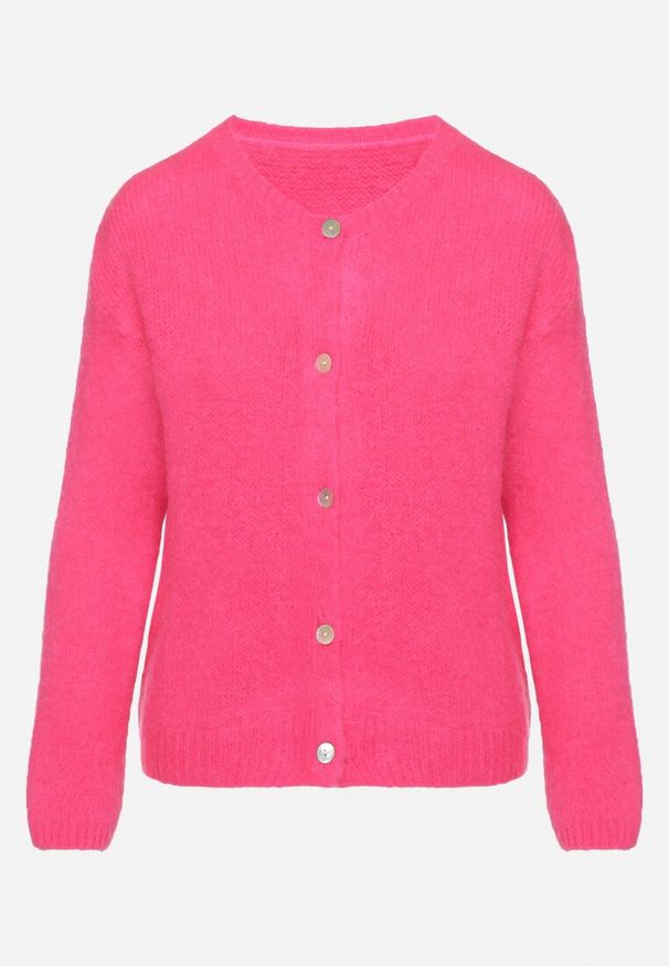 Born2be - Fuksjowy Klasyczny Kardigan z Wełną i Moherem Noloria. Okazja: na co dzień. Kolor: różowy. Materiał: moher, wełna. Długość rękawa: długi rękaw. Długość: długie. Wzór: aplikacja. Styl: klasyczny