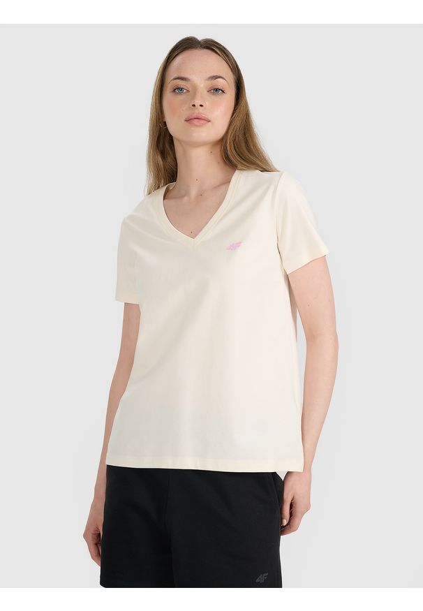 4f - 4F T-shirt oversize gładki damski - biały XS. Okazja: na co dzień. Typ kołnierza: dekolt w serek. Kolor: biały. Materiał: bawełna, jersey, dzianina, tkanina. Długość rękawa: krótki rękaw. Długość: krótkie. Wzór: gładki. Styl: sportowy, klasyczny, casual