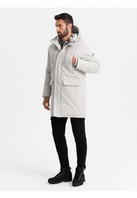 Ombre Clothing - Długa klasyczna męska kurtka typu parka – kremowa V1 - Rozmiar: L. Typ kołnierza: kaptur. Kolor: kremowy. Materiał: guma, syntetyk, poliester, materiał. Długość: długie. Wzór: gładki, aplikacja. Styl: klasyczny