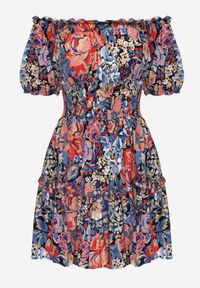 Renee - Niebiesko-Czarna Rozkloszowana Sukienka Mini z Gumkami w Pasie i Krótkimi Rękawami z Wiskozy Merrelle. Typ kołnierza: kołnierz z falbankami, dekolt hiszpanka. Kolor: niebieski. Materiał: wiskoza. Długość rękawa: krótki rękaw. Sezon: wiosna, lato. Długość: mini #5