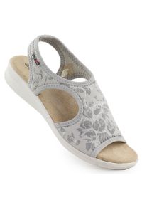 eVento - Sandały damskie na podwyższeniu elastyczne w kwiaty szare Unisoft 7196. Kolor: szary. Materiał: tkanina. Wzór: kwiaty #1