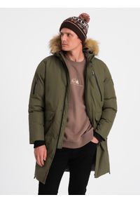 Ombre Clothing - Męska ocieplana kurtka alaska z kieszeniami i rozpinanym dołem – ciemnooliwkowa V3 OM-JALJ-0148 - XXL. Typ kołnierza: kaptur. Kolor: oliwkowy. Materiał: syntetyk, materiał. Długość: długie. Wzór: moro. Styl: militarny #1