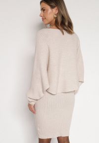 Born2be - Ciemnobeżowy Dzianinowy Komplet Prążkowany Sukienka i Sweter o Kroju Nietoperz Wederela. Kolor: beżowy. Materiał: prążkowany, dzianina #2