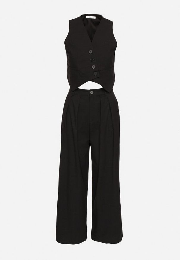 Born2be - Czarny Komplet Garniturowy z Bawełną i Wiskozą Spodnie i Kamizelka Polvivi. Kolor: czarny. Materiał: wiskoza, bawełna. Wzór: jednolity