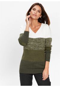 Długi sweter Premium z kaszmirem bonprix biel wełny - nocny oliwkowy w paski. Kolor: biały. Materiał: wełna, poliester, wiskoza, poliamid, materiał, kaszmir. Długość: długie. Wzór: paski #2