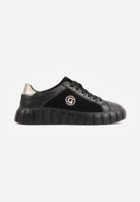 Renee - Czarno-Złote Sneakersy Skórzane z Chunky Podeszwą i Metalicznymi Wstawkami Volla. Okazja: na co dzień. Zapięcie: sznurówki. Kolor: czarny. Materiał: skóra. Szerokość cholewki: normalna. Wzór: gładki #6