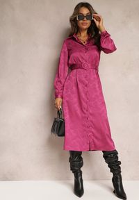 Renee - Fioletowa Sukienka Koszulowa z Paskiem Tolime. Kolor: fioletowy. Materiał: materiał. Typ sukienki: koszulowe. Długość: midi