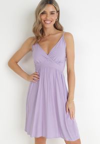Born2be - Fioletowa Sukienka Bawełniana na Cienkich Ramiączkach Rosatira. Kolor: fioletowy. Materiał: bawełna. Długość rękawa: na ramiączkach. Typ sukienki: kopertowe #1