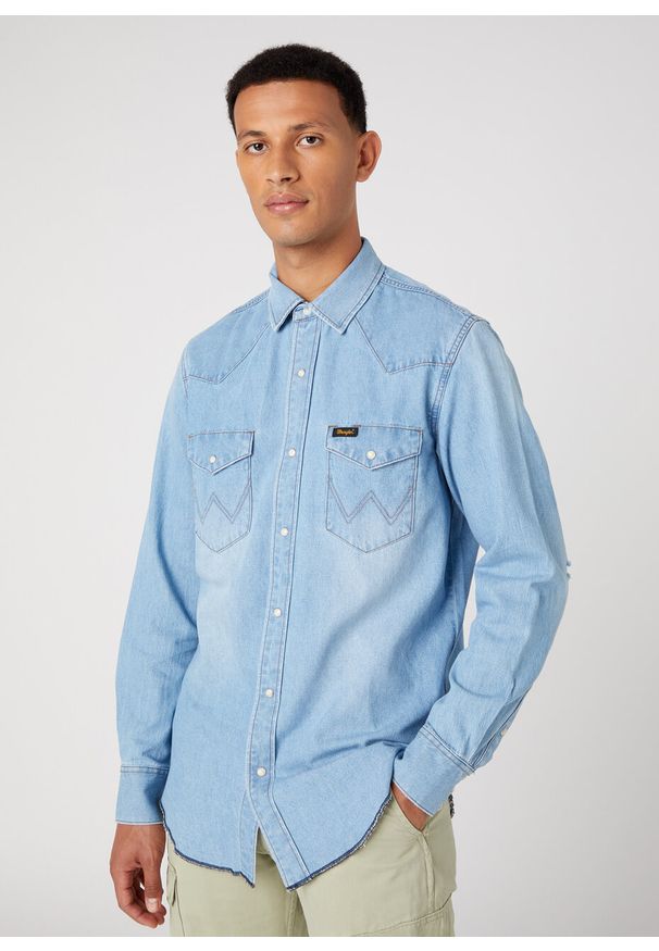 Wrangler - WRANGLER HERITAGE SHIRT MĘSKA KOSZULA JEANSOWA JEANS SUN FADE W5D1EM180. Materiał: jeans