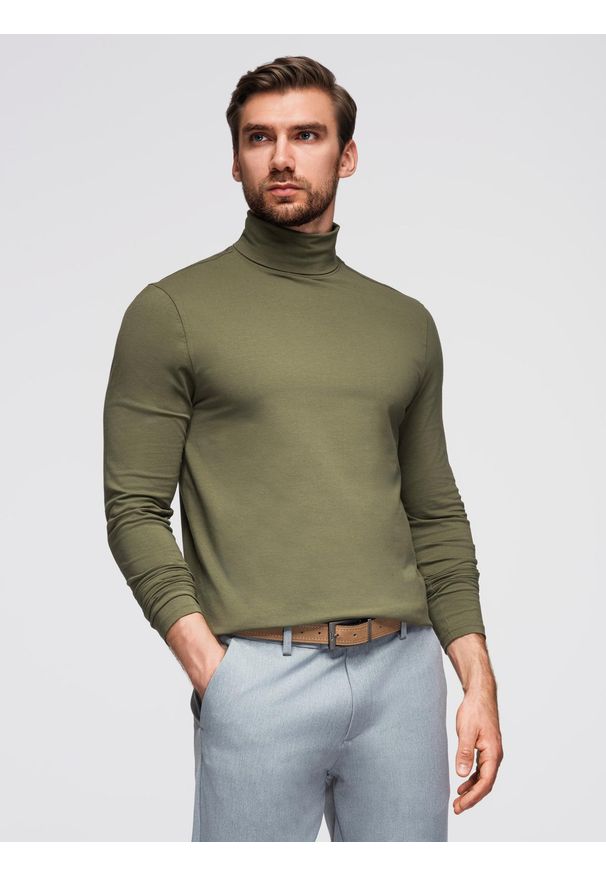 Ombre Clothing - Longsleeve męski gładki z golfem - ciemnooliwkowy V4 - Rozmiar: XXL. Okazja: na co dzień. Typ kołnierza: golf. Kolor: oliwkowy. Materiał: jeans, dzianina, bawełna, elastan. Długość rękawa: długi rękaw. Wzór: gładki. Sezon: zima, jesień. Styl: casual, klasyczny, elegancki