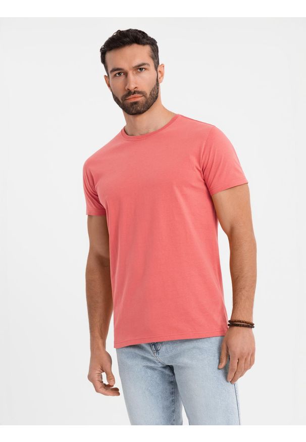 Ombre Clothing - T-shirt męski klasyczny bawełniany BASIC - koralowy V17 - Rozmiar: L. Okazja: na co dzień. Kolor: pomarańczowy. Materiał: bawełna. Styl: klasyczny