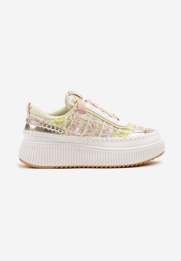 Born2be - Biało-Różowe Sneakersy na Grubej Podeszwie Zdobione Tweedem i Przeszyciami Ulamoriela. Okazja: na co dzień. Kolor: biały. Materiał: jeans. Wzór: aplikacja