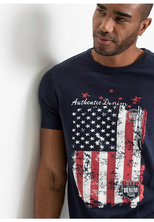 bonprix - T-shirt z czystej bawełny. Kolor: niebieski. Materiał: bawełna. Wzór: nadruk