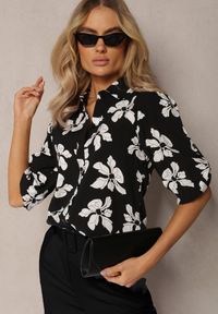 Renee - Czarno-Biała Wiskozowa Koszula w Kwiaty z Podpinanymi Rękawami 3/4 Siasse. Okazja: na co dzień. Kolor: czarny. Materiał: wiskoza. Wzór: kwiaty. Styl: casual