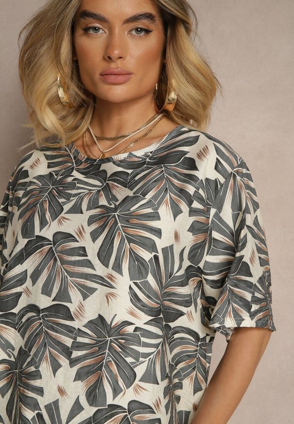 Renee - Szary Komplet z Wiskozy Zdobiony Roślinnym Printem T-shirt i Szerokie Spodnie Evialena. Kolor: szary. Materiał: wiskoza. Wzór: aplikacja, nadruk