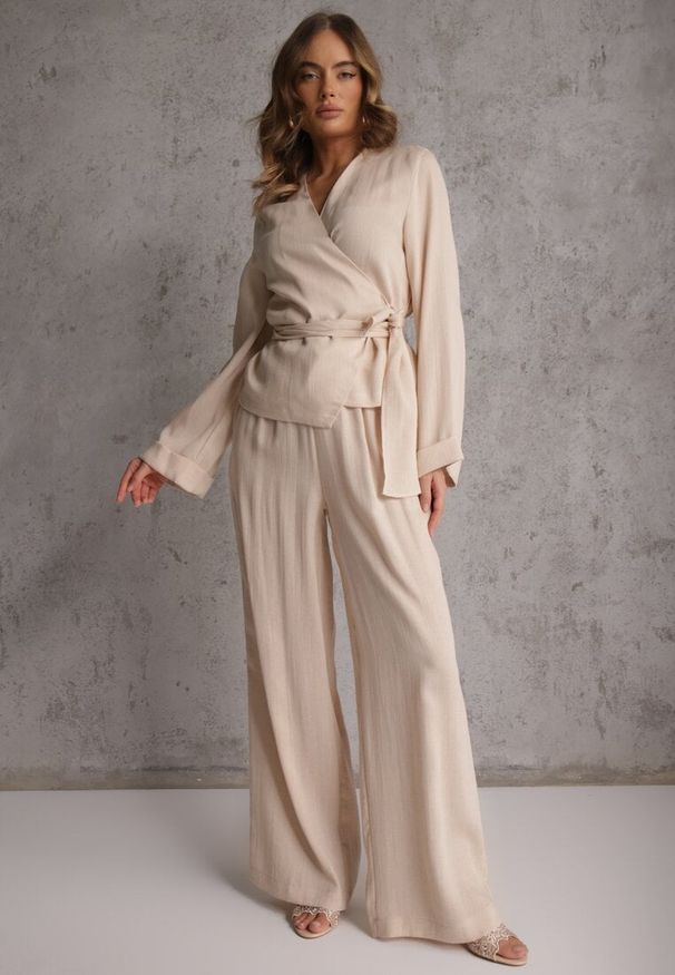 Renee - Beżowe Spodnie Wide Leg High Waist z Wiskozy Terilinae. Okazja: na co dzień. Stan: podwyższony. Kolor: beżowy. Materiał: wiskoza. Wzór: haft. Styl: casual