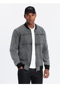 Ombre Clothing - Męska kurtka jeansowa bomberka z efektem stone wash – szara V1 - Rozmiar: L. Kolor: szary. Materiał: jeans. Styl: retro, sportowy, klasyczny