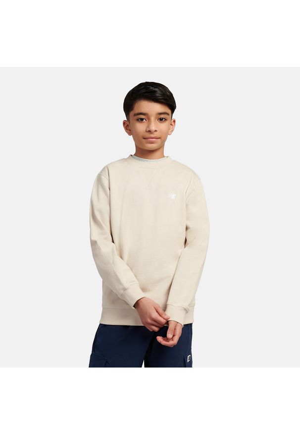 Bluza dziecięca New Balance LAKB0055TWF – beżowa. Kolor: beżowy. Materiał: bawełna, poliester. Styl: sportowy