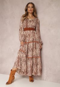 Renee - Brązowa Sukienka z Gumką w Pasie Nossi. Typ kołnierza: dekolt w kształcie V. Kolor: brązowy. Materiał: materiał, tkanina. Styl: boho. Długość: maxi #1