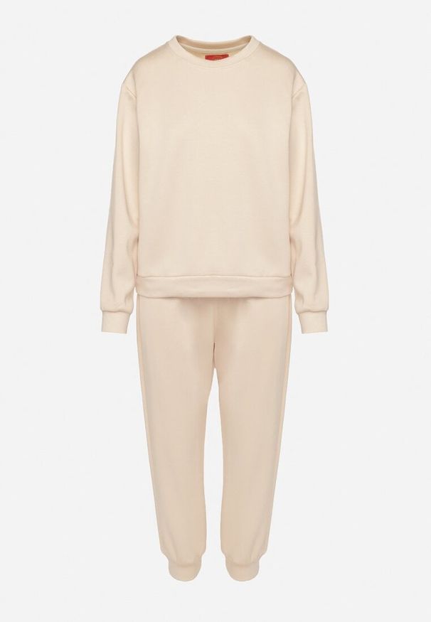 Born2be - Beżowy Komplet Dresowy z Bawełną Bluza i Spodnie Joggery Ette. Kolor: beżowy. Materiał: bawełna, dresówka