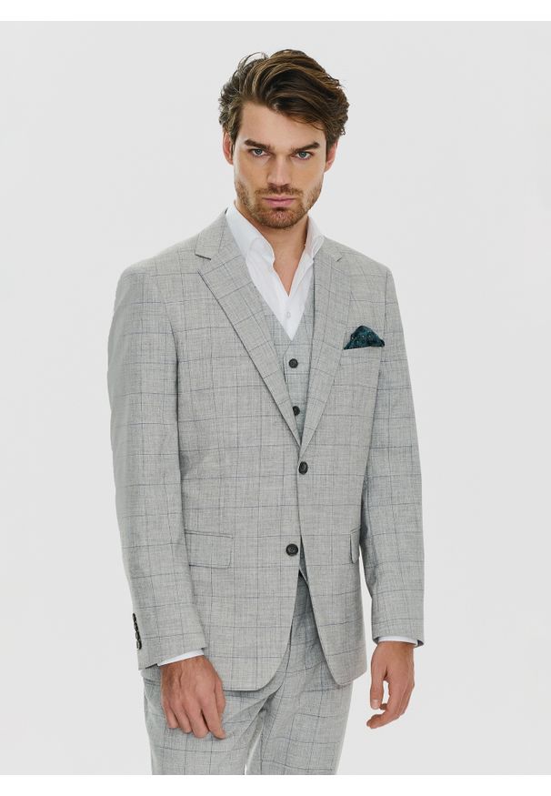 Pako Lorente - PAKO LORENTE – Szara marynarka w niebieską kratę. Kolor: wielokolorowy, niebieski, szary. Materiał: poliester, elastan, wiskoza. Wzór: kratka. Styl: klasyczny