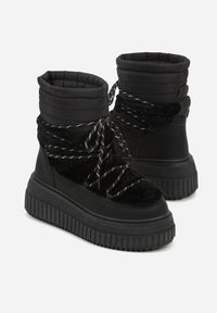 Born2be - Czarne Pikowane Śniegowce na Grubej Tłoczonej Podeszwie z Futerkiem Adarlia. Okazja: na co dzień. Kolor: czarny. Materiał: futro. Styl: casual #5