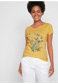 bonprix - T-shirt bawełniany z nadrukiem. Kolor: żółty. Materiał: bawełna. Wzór: nadruk