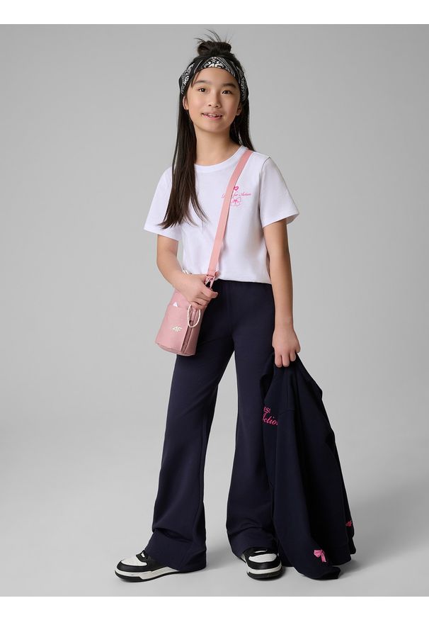 4f - 4F Spodnie dresowe z rozszerzanymi nogawkami dziewczęce - granatowe 164 (13-14 lat). Okazja: na co dzień. Kolor: niebieski. Materiał: dresówka. Sezon: lato. Styl: casual