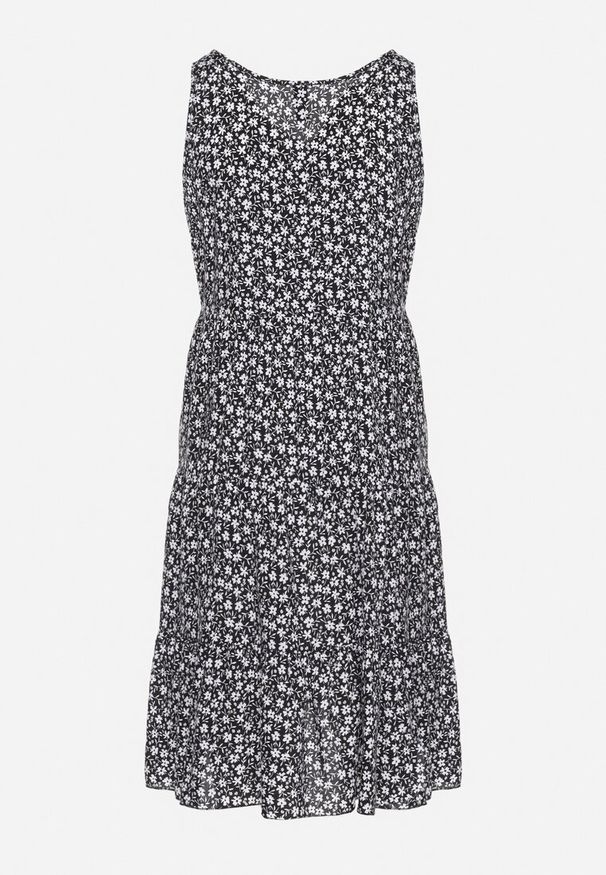 Born2be - Czarna Bawełniana Sukienka w Kwiaty z Falbanką Rissafa. Okazja: na co dzień. Kolor: czarny. Materiał: bawełna. Wzór: kwiaty. Typ sukienki: proste. Styl: casual