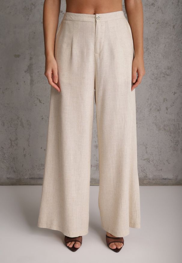 Renee - Beżowy Letni Komplet z Bawełny i Lnu Szerokie Spodnie i Bluzka Utility Senasis. Kolor: beżowy. Materiał: bawełna, len. Wzór: gładki