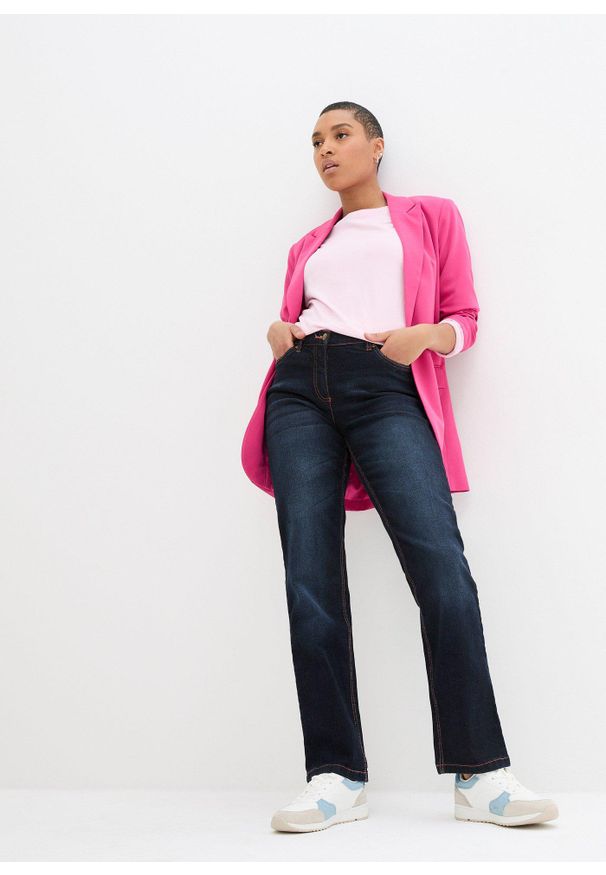 bonprix - Dżinsy straight, mid waist, z wygodnym paskiem. Kolor: niebieski