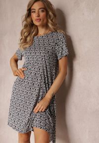 Renee - Czarno-Beżowa Sukienka Mini z Krótkimi Rękawami i Wzorem w Kwiaty Cassatha. Kolor: czarny. Długość rękawa: krótki rękaw. Wzór: kwiaty. Sezon: lato. Długość: mini