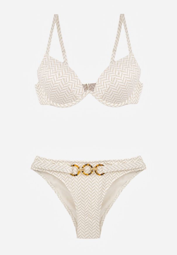 Born2be - Jasnobeżowe Bikini Dwuczęściowe w Geometryczny Wzór z Ozdobą na Majtkach Corraenia. Kolekcja: plus size. Kolor: beżowy. Długość: długie. Wzór: geometria, aplikacja