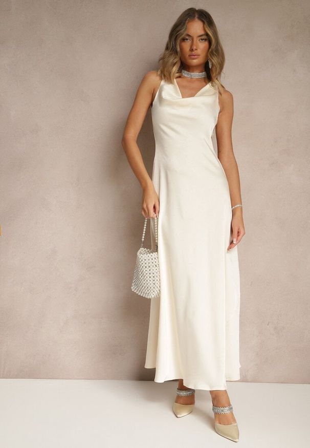 Renee - Jasnobeżowa Taliowana Sukienka Vices Wiązana przy Karku Zinvea. Kolor: beżowy. Typ sukienki: proste. Styl: elegancki