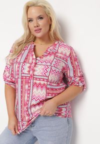 Born2be - Różowa Koszula z Etnicznym Wzorem i Rękawami 3/4 Ithnoria. Kolekcja: plus size. Kolor: różowy. Styl: etno, boho