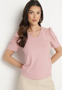 Born2be - Różowy T-shirt z Dekoltem w Serek Sunesse. Okazja: na co dzień. Typ kołnierza: dekolt w serek. Kolor: różowy. Materiał: jeans. Styl: klasyczny, casual #3