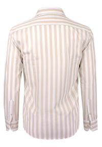 Biała, Lekko Taliowana Koszula Męska - Pako Jeans - Beżowy Prążek. Okazja: na co dzień. Kolor: brązowy, beżowy, wielokolorowy. Materiał: wiskoza, bawełna. Wzór: paski. Styl: casual #4