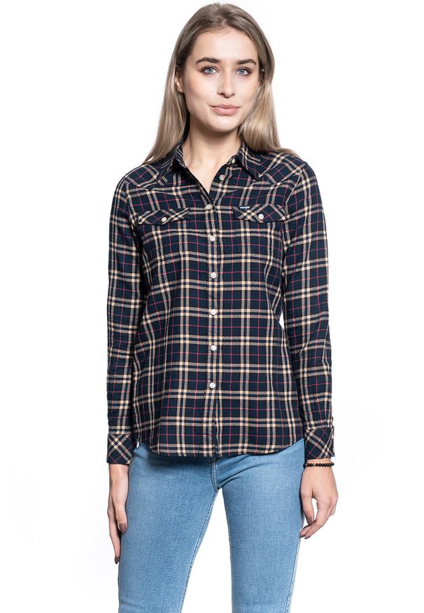 Wrangler - DAMSKA KOSZULA MATERIAŁOWA WRANGLER WESTERN CHECK SHIRT NAVY W5N1O9114 112130256. Materiał: materiał