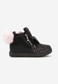 Born2be - Czarne Botki na Ukrytym Koturnie z Brokatem Kokardą i Futrzanym Pomponem Mazidra. Okazja: na imprezę, na co dzień. Kolor: czarny. Materiał: futro. Styl: casual