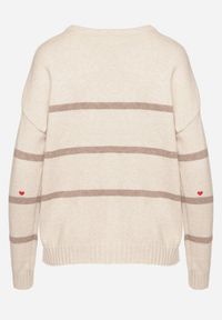 Born2be - Beżowy Sweter w Paski z Wyhaftowanymi Serduszkami Nerisea. Kolor: beżowy. Wzór: paski. Styl: elegancki #5