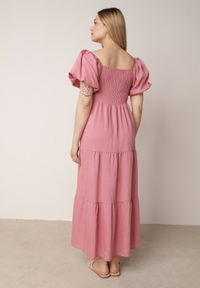 Born2be - Różowa Wiskozowa Sukienka z Bufiastymi Rękawami i Marszczoną Górą Liones. Okazja: na co dzień. Kolor: różowy. Materiał: wiskoza. Długość rękawa: krótki rękaw. Sezon: lato. Typ sukienki: proste. Styl: wakacyjny, casual #8