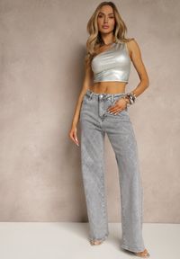 Renee - Szare Bawełniane Jeansy o Szerokim Fasonie High Waist z Cyrkoniami Melsedi. Okazja: na co dzień. Stan: podwyższony. Kolor: szary. Wzór: aplikacja. Styl: casual, elegancki