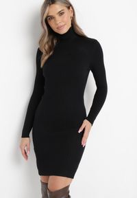 Born2be - Czarna Dopasowana Sukienka Mini z Prążkowanej Dzianiny i Golfem Helmine. Typ kołnierza: golf. Kolor: czarny. Materiał: prążkowany, dzianina. Długość rękawa: długi rękaw. Długość: mini