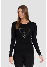 Guess - GUESS Czarny damski sweter Rylie Triangle Logo, Rozmiar M. Kolor: czarny. Materiał: wiskoza, elastan, poliester, materiał. Długość rękawa: długi rękaw. Długość: długie. Styl: klasyczny